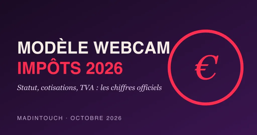 Visuel éditorial : modèle webcam et impôts 2026, texte crème et rouge sur fond violet