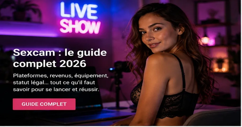 Guide Sexcam 2026 : ambiance webcam sensuelle dans un studio néon, illustration éditoriale
