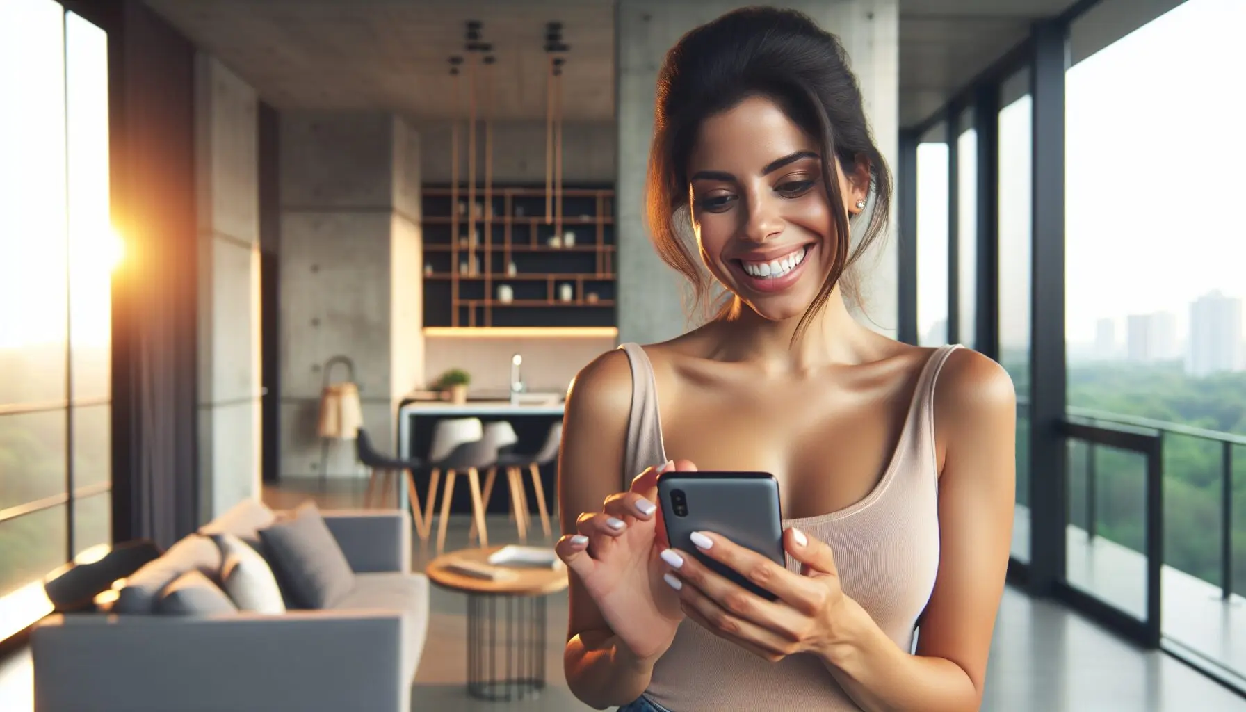 Femme souriante consultant son smartphone dans un appartement lumineux ouvert sur la végétation